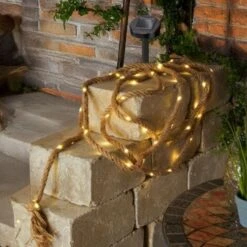 Beleuchtetes Juteseil 60 LED Warmweiß Solarleuchte Seil Garten Vintage Esotec