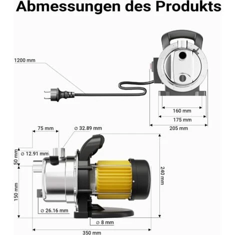 Gartenpumpe 2800l/h, 600W, Tragegriff & Wasserablassschraube, Max. Förderhöhe 35m, Rostfreier Stahl – Bild 3