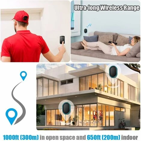 LangRay Outdoor Wasserdichte Drahtlose Türklingel, Elektrische Wasserdichte Drahtlose Türklingel, 300 Meter Reichweite, Türklingel-Kit Mit LED-Blitz, 58 Melodien, 4 Bände, 1 Sender + 1 Empfänger – Bild 2