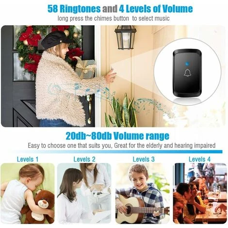 LangRay Outdoor Wasserdichte Drahtlose Türklingel, Elektrische Wasserdichte Drahtlose Türklingel, 300 Meter Reichweite, Türklingel-Kit Mit LED-Blitz, 58 Melodien, 4 Bände, 1 Sender + 1 Empfänger – Bild 3