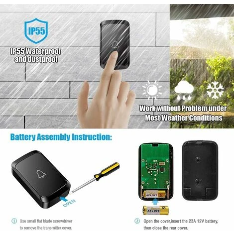 LangRay Outdoor Wasserdichte Drahtlose Türklingel, Elektrische Wasserdichte Drahtlose Türklingel, 300 Meter Reichweite, Türklingel-Kit Mit LED-Blitz, 58 Melodien, 4 Bände, 1 Sender + 1 Empfänger – Bild 4