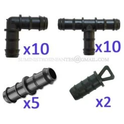 Tropfbewässerungspaket 16 Mm: 10 T-Stücke + 10 Bögen + 5 Glieder + 2 Stopfen. Farbe: Schwarz