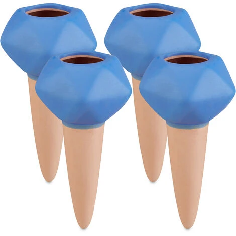 Relaxdays Bewässerungskugeln Ton, 4er Set, Durstkugeln Ø 6cm, Keramik, Dosierte Pflanzen Bewässerung, Terracotta/blau