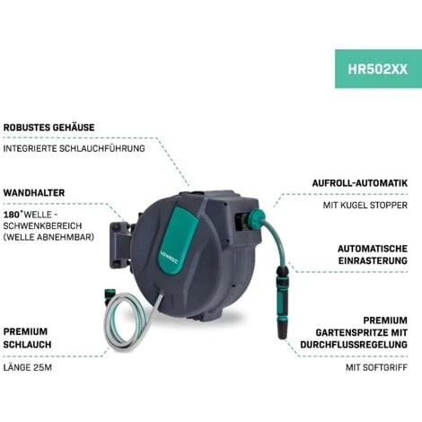 Automatik Garten-Schlauchtrommel – Inkl. 25m Gartenschlauch, Anschlussschlauch, Wasserpritze, Schlauchstücke & Wasserhahnanschluss – Bild 2