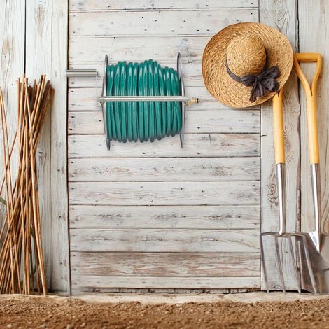 Relaxdays Schlauchtrommel Edelstahl, Schlauchaufroller Leer, Boden & Wand, Für 40m Gartenschlauch, Schlauchrolle, Silber – Bild 2