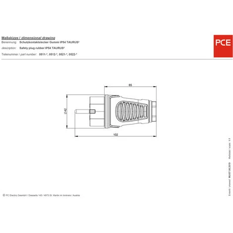 PCE 0511-sr Schutzkontaktstecker Gummi, Thermoplast 250 V Schwarz, Rot IP54 – Bild 3