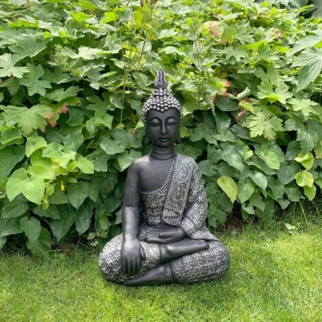 Sitzender Buddha Garten Figur Feng Shui Deko Balkon Steinfigur Wohnzimmer Statue 45cm Silber Schwarz – Bild 2