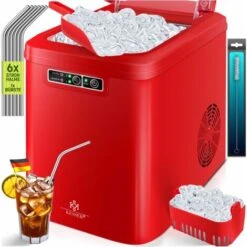 KESSER® Eiswürfelbereiter Eiswürfelmaschine Edelstahl Ice Maker 12 Kg 24 H Zubereitung In 7 Min 2,2 Liter Wassertank 2 Eiswürfel-Größen LED-Display Selbstreinigungsfunktion Silber, Rot