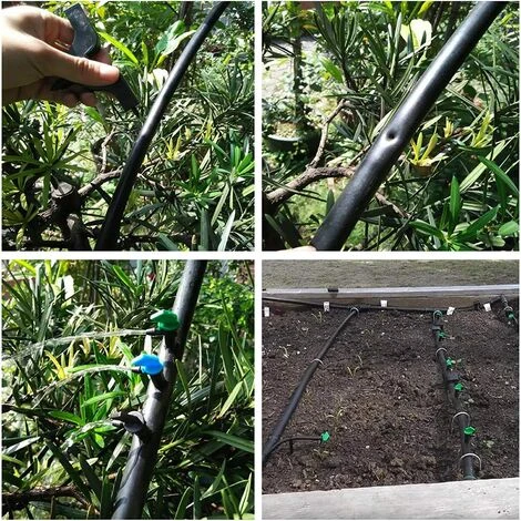 60 Stück Bewässerungs-Tropfstrahler, HOINCO 3 Größen Gartenflaggen-Tropfstrahler, Für Rasen, Bäume, Sträucher, Garten (4L/H Schwarz, 8L/H Blau, 16L/H Grün) – Bild 5