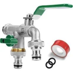 Garten Wasserhahn,Doppel Auslaufhahn 1/2 Zoll,aus Messing Rost-und Frostsicher,mit 2X 3/4 Zoll Abgänge,1x Rollendichtband,Doppelanschluss Und Schlauchtülle Für,für Garten,Waschmaschine（Grün）