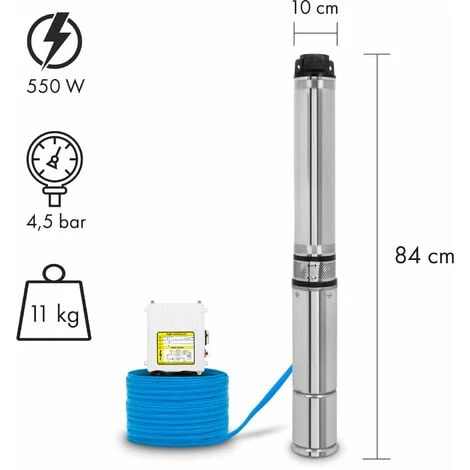 EBERTH 4 Tiefbrunnenpumpe Brunnenpumpe Aus Rostfreiem Edelstahl, Elektrisch 550W, Durchmesser Pumpe 4 Zoll (10cm), Anschlussgewinde 1 1/2 Zoll, Stromkabel 20m, Förderhöhe Max. 43m, Mit Schmutzsieb – Bild 2