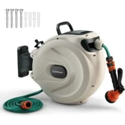 COSTWAY Wandschlauchbox 1/2 Zoll 15m + 1m, Schlauchtrommel, Gartenschlauch Aufroller, Mit 8 Düsen, 180° Schwenkbar Abschliessbar Inkl. Wandhalterung, Wasser Schlauchaufroller