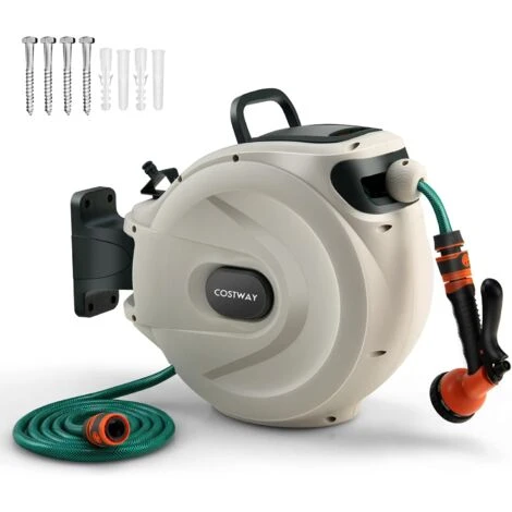 COSTWAY Wandschlauchbox 1/2 Zoll 15m + 1m, Schlauchtrommel, Gartenschlauch Aufroller, Mit 8 Düsen, 180° Schwenkbar Abschliessbar Inkl. Wandhalterung, Wasser Schlauchaufroller