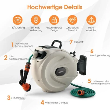 COSTWAY Wandschlauchbox 1/2 Zoll 15m + 1m, Schlauchtrommel, Gartenschlauch Aufroller, Mit 8 Düsen, 180° Schwenkbar Abschliessbar Inkl. Wandhalterung, Wasser Schlauchaufroller – Bild 2