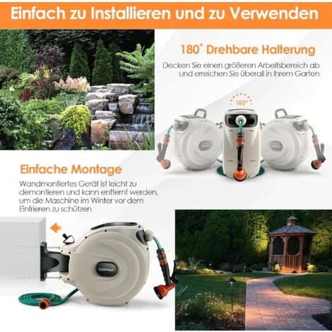 COSTWAY Wandschlauchbox 1/2 Zoll 15m + 1m, Schlauchtrommel, Gartenschlauch Aufroller, Mit 8 Düsen, 180° Schwenkbar Abschliessbar Inkl. Wandhalterung, Wasser Schlauchaufroller – Bild 5