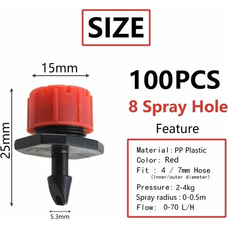 100 Stück 360-Grad-Tropfer Mit 8 Löchern Für 4/7-mm-Schläuche, Rot – Bild 5