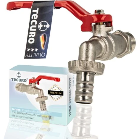 Tecuro Kugelauslaufhahn Griff Rot, 1/2 Zoll, Mit Schlauchtülle, MS Vernickelt