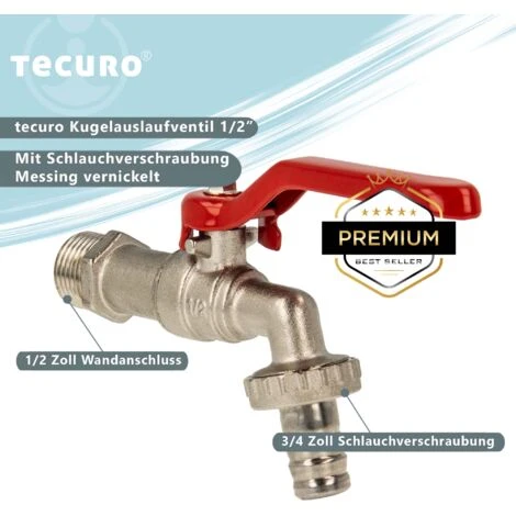 Tecuro Kugelauslaufhahn Griff Rot, 1/2 Zoll, Mit Schlauchtülle, MS Vernickelt – Bild 2