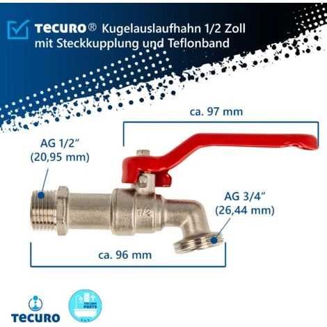 Tecuro Kugelauslaufhahn Griff Rot, 1/2 Zoll, Mit Schlauchtülle, MS Vernickelt – Bild 4