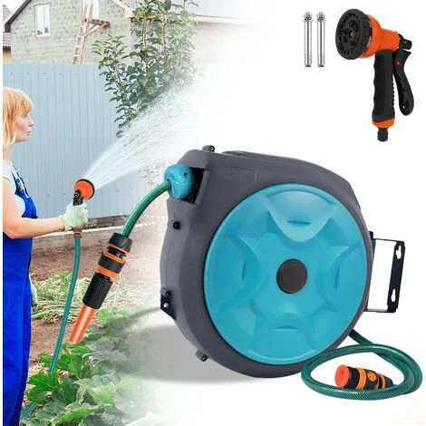 Wandschlauchbox Schlauchtrommel Mobile Schlauch 16m Schlauchaufroller Automatischer Schlauchbox 180°schwenkbar (16 Meter Mit Spritzpistole, Blau), HENGMEI – Bild 2
