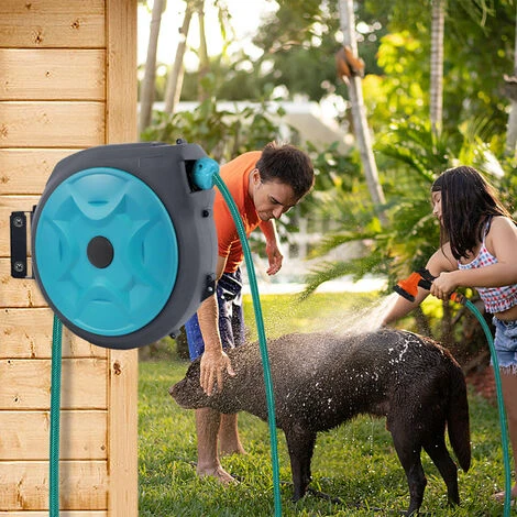 Wandschlauchbox Schlauchtrommel Mobile Schlauch 16m Schlauchaufroller Automatischer Schlauchbox 180°schwenkbar (16 Meter Mit Spritzpistole, Blau), HENGMEI – Bild 5