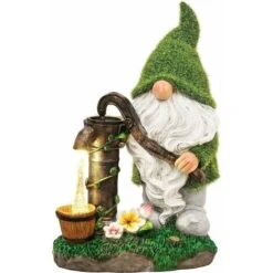 Beflockte Gartenzwerg-Dekorationen, 29 Cm Große Lustige Gnome-Gartenstatue Für Den Außenbereich Mit Brunnen-Solarlichtern, Wasserdichte Harz-Zwergfiguren Für Hofdekorationen – GTA