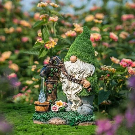 Beflockte Gartenzwerg-Dekorationen, 29 Cm Große Lustige Gnome-Gartenstatue Für Den Außenbereich Mit Brunnen-Solarlichtern, Wasserdichte Harz-Zwergfiguren Für Hofdekorationen – GTA – Bild 2
