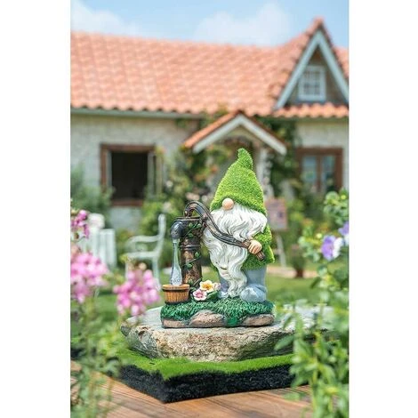 Beflockte Gartenzwerg-Dekorationen, 29 Cm Große Lustige Gnome-Gartenstatue Für Den Außenbereich Mit Brunnen-Solarlichtern, Wasserdichte Harz-Zwergfiguren Für Hofdekorationen – GTA – Bild 4
