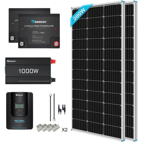 Renogy 200W Komplettes Solarmodul-Kit Mit 100Ah 12V LiFePO4 Lithium Batterie 50Ah2, 1000W 12V Bis 240V Pure Sine Wave Wechselrichter Und 30A MPPT Solarladeregler Für Balkon, Garten, Häuser, Dach