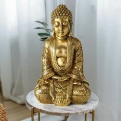 Buddha Figur Wohnzimmer Dekofigur Wohndekoration , Skulptur Asiatisch, Kunstharz Gold, LxBxH 12x10x20 Cm