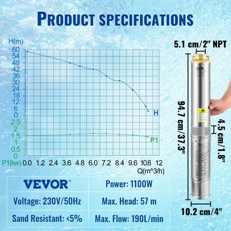 VEVOR 4" Tiefbrunnenpumpe 1100W Brunnenpumpe 190L/min Tauchpumpe Max. Förderhöhe 57m Rohrpumpe 230V 50Hz Sandpumpe IP68 Wasserpumpe 0-40℃ Pumpe Ideal Zur Bewässerung Wasser-Versorgung Entwässerung – Bild 2
