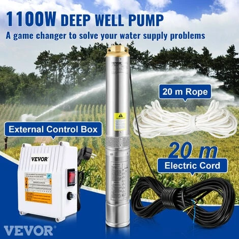 VEVOR 4" Tiefbrunnenpumpe 1100W Brunnenpumpe 190L/min Tauchpumpe Max. Förderhöhe 57m Rohrpumpe 230V 50Hz Sandpumpe IP68 Wasserpumpe 0-40℃ Pumpe Ideal Zur Bewässerung Wasser-Versorgung Entwässerung – Bild 3