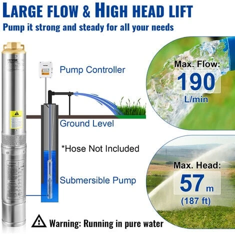 VEVOR 4" Tiefbrunnenpumpe 1100W Brunnenpumpe 190L/min Tauchpumpe Max. Förderhöhe 57m Rohrpumpe 230V 50Hz Sandpumpe IP68 Wasserpumpe 0-40℃ Pumpe Ideal Zur Bewässerung Wasser-Versorgung Entwässerung – Bild 4