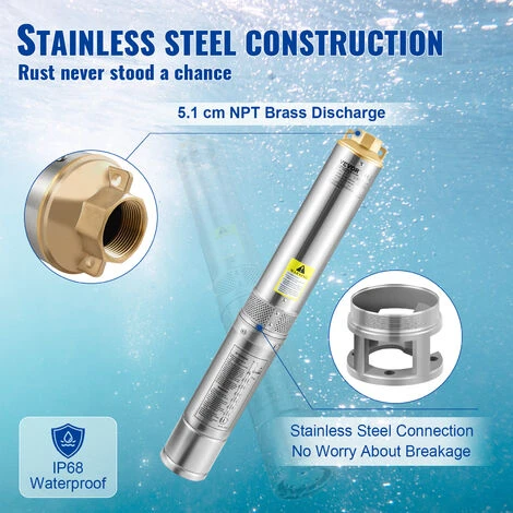 VEVOR 4" Tiefbrunnenpumpe 1100W Brunnenpumpe 190L/min Tauchpumpe Max. Förderhöhe 57m Rohrpumpe 230V 50Hz Sandpumpe IP68 Wasserpumpe 0-40℃ Pumpe Ideal Zur Bewässerung Wasser-Versorgung Entwässerung – Bild 5