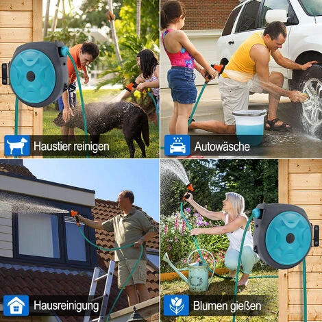 AUFUN 16M Schlauchtrommel Automatisch Mit Handbrause & Gartenschlauch, 3/4" Anschluss 180°schwenkbar Mit Tragegriff, Für Bewässerung, Autowäsche, Blau – Bild 4