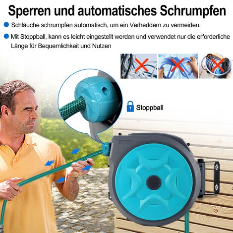 AUFUN 16M Schlauchtrommel Automatisch Mit Handbrause & Gartenschlauch, 3/4" Anschluss 180°schwenkbar Mit Tragegriff, Für Bewässerung, Autowäsche, Blau – Bild 5