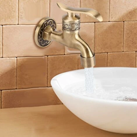 Generic Messing Wasserhahn Antik Messing Griff Wäsche Badezimmer Wandmontage Waschmaschine Wasserhahn Outdoor Gartenschlauch Single Cold Long Tap – Bild 2